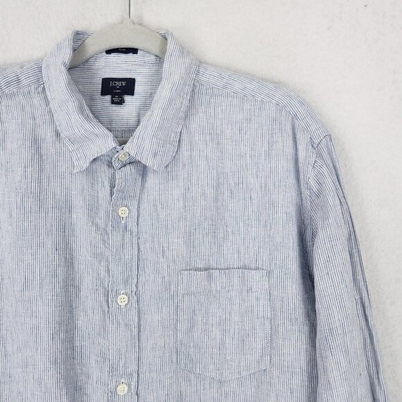 J Crew Shirt Men Extra Large Blue White Stripe Linen Slim Fit Casual Long Sleeve - Picture 2 of 12